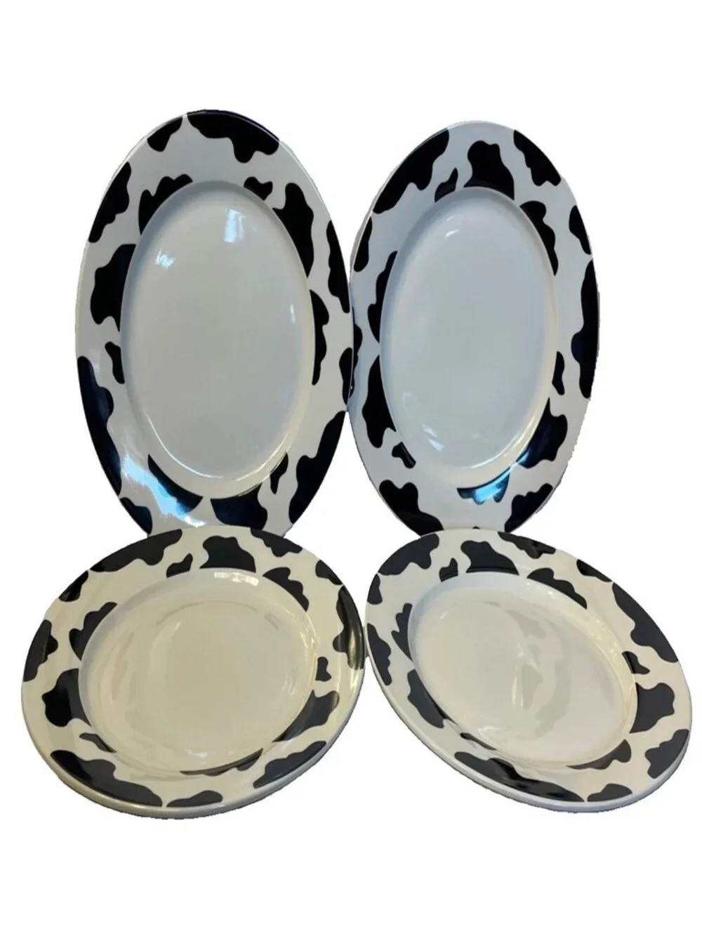 Vintage Tienshan Style Cow Print Dinner Plate Set of 4 Spotted Black White 10.5